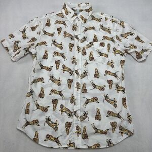 Old Navy Shirt Mens Medium Tiger Print Short Sleeve Slim‎ Fit Stretch Button Up